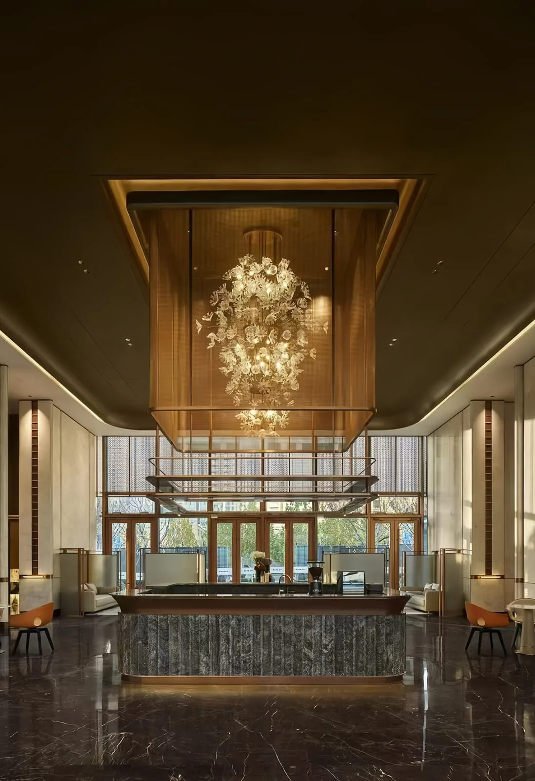 Architectural lobby using metal mesh to express design intent