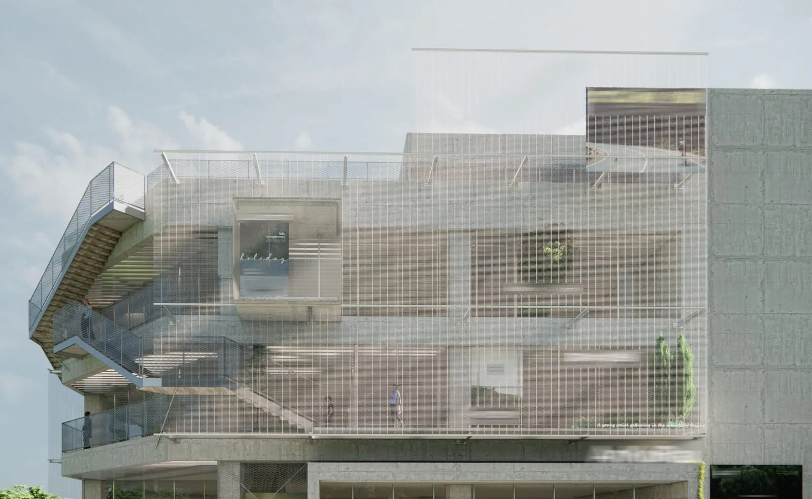 Commercial facade cable rod mesh screen with tensioned architectural metal mesh installation